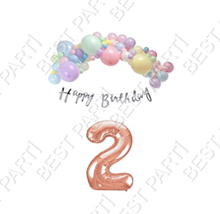 Happy Bırthday Gümüş Yazılı Kaligrafi Banner Makaron Balon Seti 2 Yaş Rose Gold Set Doğum Günü