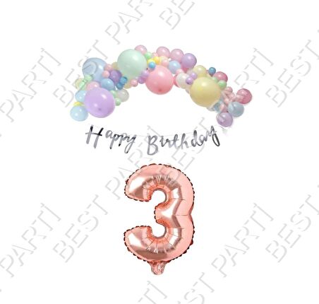 Happy Bırthday Gümüş Yazılı Kaligrafi Banner Makaron Balon Seti 3 Yaş Rose Gold Set Doğum Günü