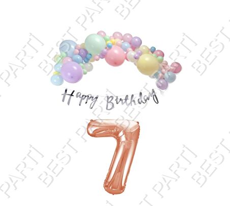Happy Bırthday Gümüş Yazılı Kaligrafi Banner Makaron Balon Seti 7 Yaş Rose Gold Set Doğum Günü