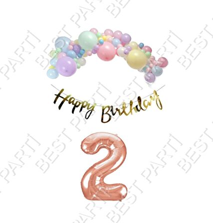 Happy Bırthday Gold Yazılı Kaligrafi Banner Makaron Balon Seti 2 Yaş Rose Gold Set Doğum Günü