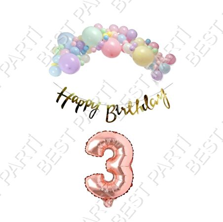 Happy Bırthday Gold Yazılı Kaligrafi Banner Makaron Balon Seti 3 Yaş Rose Gold Set Doğum Günü
