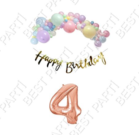 Happy Bırthday Gold Yazılı Kaligrafi Banner Makaron Balon Seti 4 Yaş Rose Gold Set Doğum Günü