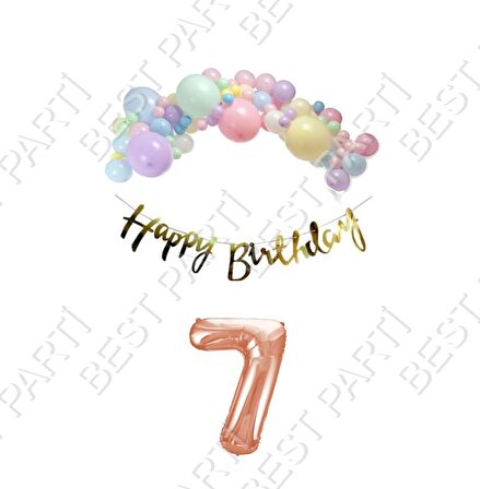 Happy Bırthday Gold Yazılı Kaligrafi Banner Makaron Balon Seti 7 Yaş Rose Gold Set Doğum Günü