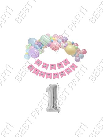 Happy Bırthday Yazılı Banner Makaron Balon Seti 1 Yaş Gümüş Set Doğum Günü