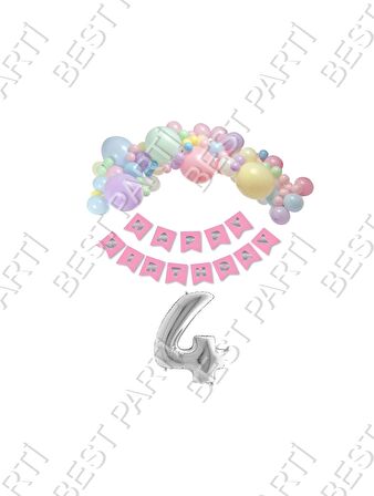 Happy Bırthday Yazılı Banner Makaron Balon Seti 4 Yaş Gümüş Set Doğum Günü
