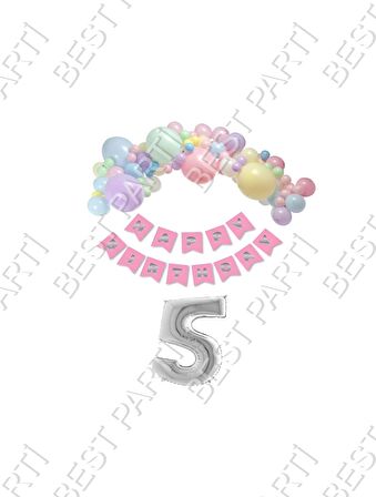 Happy Bırthday Yazılı Banner Makaron Balon Seti 5 Yaş Gümüş Set Doğum Günü