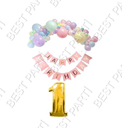 Happy Bırthday Yazılı Banner Makaron Balon Seti 1 Yaş Gold Set Doğum Günü