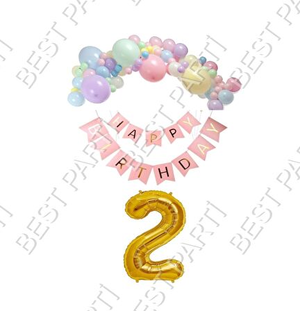 Happy Bırthday Yazılı Banner Makaron Balon Seti 2 Yaş Gold Set Doğum Günü