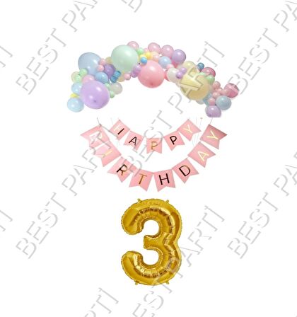 Happy Bırthday Yazılı Banner Makaron Balon Seti 3 Yaş Gold Set Doğum Günü