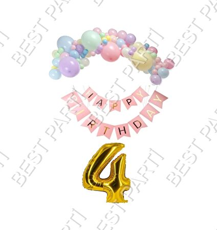 Happy Bırthday Yazılı Banner Makaron Balon Seti 4 Yaş Gold Set Doğum Günü