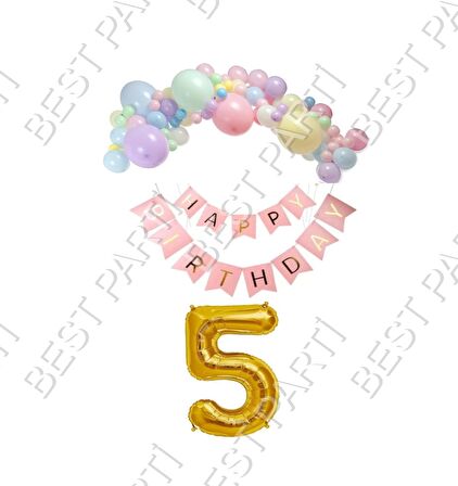 Happy Bırthday Yazılı Banner Makaron Balon Seti 5 Yaş Gold Set Doğum Günü