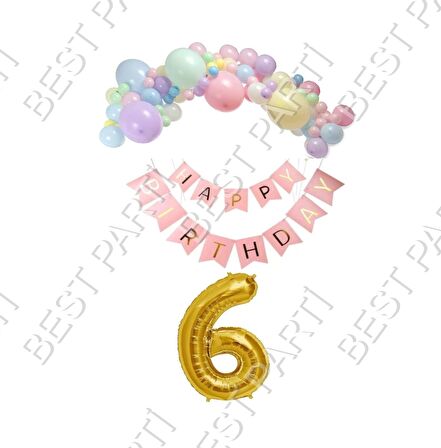 Happy Bırthday Yazılı Banner Makaron Balon Seti 6 Yaş Gold Set Doğum Günü