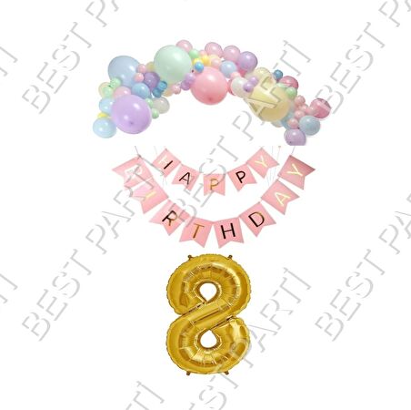 Happy Bırthday Yazılı Banner Makaron Balon Seti 8 Yaş Gold Set Doğum Günü