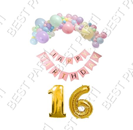 Happy Bırthday Yazılı Banner Makaron Balon Seti 16 Yaş Gold Set Doğum Günü