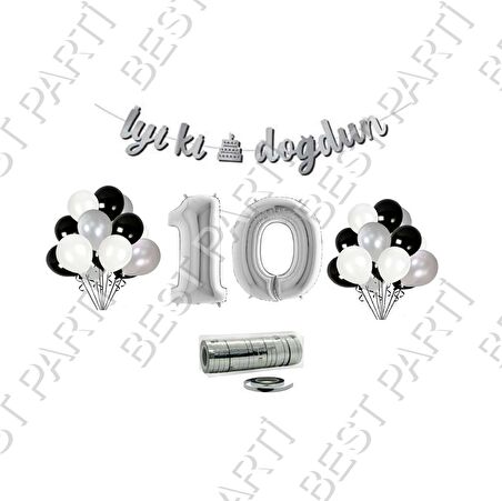 Rafya İpli 10 Yaş Gümüş Folyo Balon İyiki Doğdun Yazılı Banner Balon Set Doğum Günü