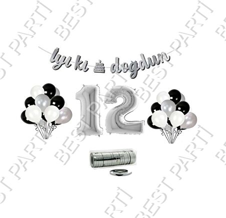 Rafya İpli 12 Yaş Gümüş Folyo Balon İyiki Doğdun Yazılı Banner Balon Set Doğum Günü