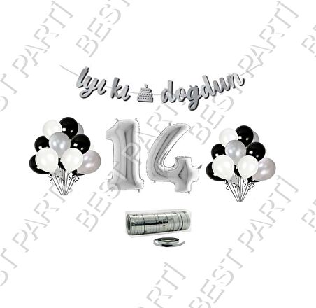 Rafya İpli 14 Yaş Gümüş Folyo Balon İyiki Doğdun Yazılı Banner Balon Set Doğum Günü