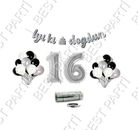 Rafya İpli 16 Yaş Gümüş Folyo Balon İyiki Doğdun Yazılı Banner Balon Set Doğum Günü