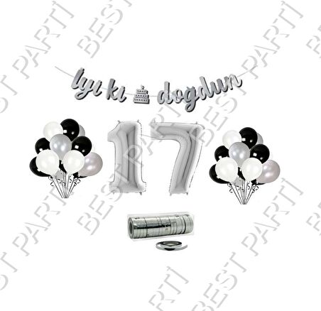 Rafya İpli 17 Yaş Gümüş Folyo Balon İyiki Doğdun Yazılı Banner Balon Set Doğum Günü