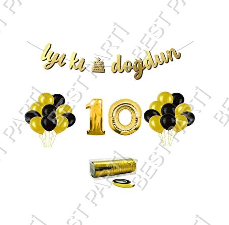 Rafya İpli 10 Yaş Gold Folyo Balon İyiki Doğdun Yazılı Banner Balon Set Doğum Günü