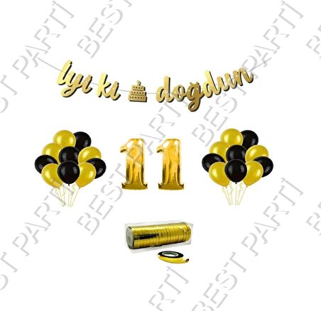 Rafya İpli 11 Yaş Gold Folyo Balon İyiki Doğdun Yazılı Banner Balon Set Doğum Günü