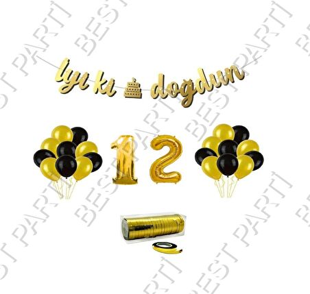 Rafya İpli 12 Yaş Gold Folyo Balon İyiki Doğdun Yazılı Banner Balon Set Doğum Günü