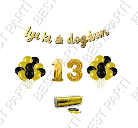 Rafya İpli 13 Yaş Gold Folyo Balon İyiki Doğdun Yazılı Banner Balon Set Doğum Günü