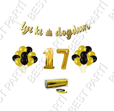 Rafya İpli 17 Yaş Gold Folyo Balon İyiki Doğdun Yazılı Banner Balon Set Doğum Günü