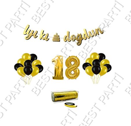 Rafya İpli 18 Yaş Gold Folyo Balon İyiki Doğdun Yazılı Banner Balon Set Doğum Günü