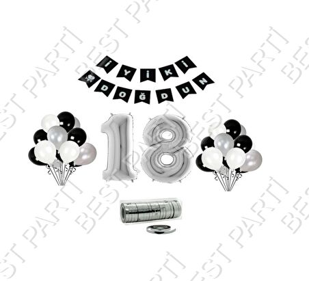 Rafya İpli 18 Yaş Gümüş Folyo Balon Set Doğum Günü