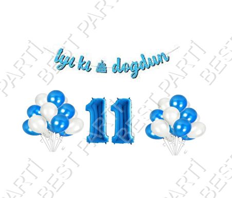 İyiki Doğdun Yazılı Banner 11 Yaş Mavi Balon Seti Doğum Günü