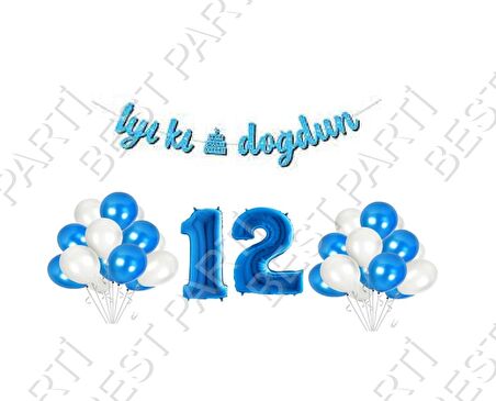 İyiki Doğdun Yazılı Banner 12 Yaş Mavi Balon Seti Doğum Günü