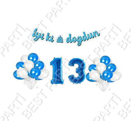 İyiki Doğdun Yazılı Banner 13 Yaş Mavi Balon Seti Doğum Günü