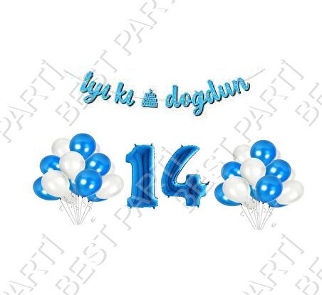 İyiki Doğdun Yazılı Banner 14 Yaş Mavi Balon Seti Doğum Günü