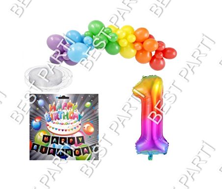 İyiki Doğdun Yazılı Banner 1 Yaş Gökkuşağı Temalı Balon Seti