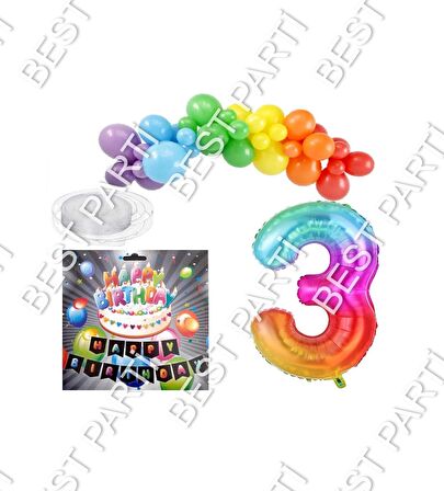 İyiki Doğdun Yazılı Banner 3 Yaş Gökkuşağı Temalı Balon Seti Doğum Günü