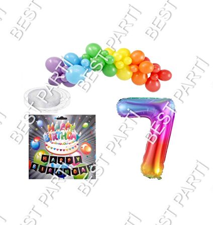 İyiki Doğdun Yazılı Banner 7 Yaş Gökkuşağı Temalı Balon Seti Doğum Günü