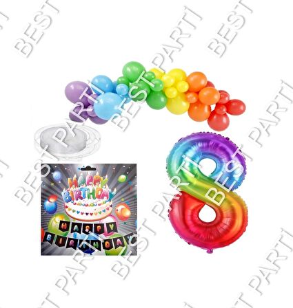 İyiki Doğdun Yazılı Banner 8 Yaş Gökkuşağı Temalı Balon Seti Doğum Günü