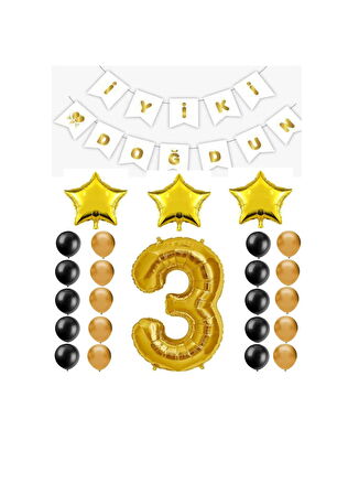 İyiki Doğdun Yazılı 3 Yaş Gold Renk Doğum Günü Parti Seti
