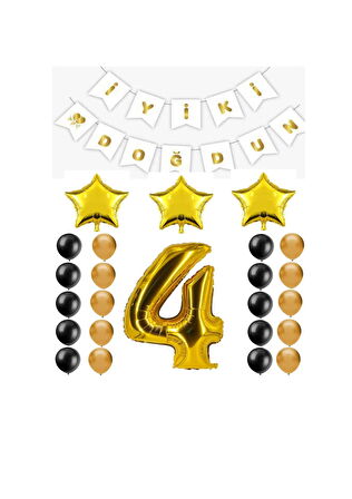 İyiki Doğdun Yazılı 4 Yaş Gold Renk Doğum Günü Parti Seti