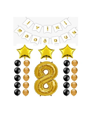 İyiki Doğdun Yazılı 8 Yaş Gold Renk Doğum Günü Parti Seti