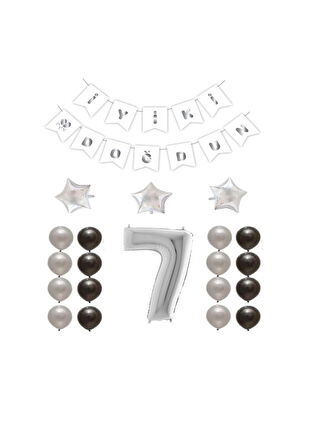 İyiki Doğdun Yazılı 7 Yaş Gümüş Renk Doğum Günü Parti Seti