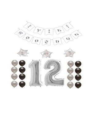 İyiki Doğdun Yazılı 12 Yaş Gümüş Renk Doğum Günü Parti Seti
