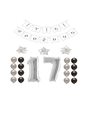 İyiki Doğdun Yazılı 17 Yaş Gümüş Renk Doğum Günü Parti Seti