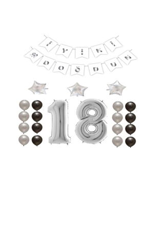 İyiki Doğdun Yazılı 18 Yaş Gümüş Renk Doğum Günü Parti Seti