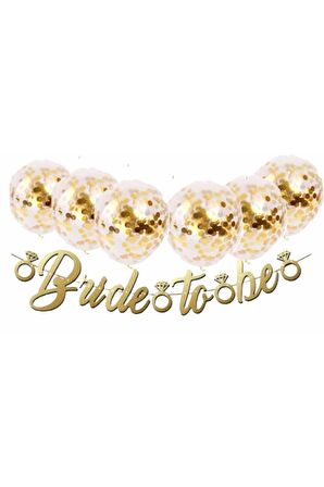 Gold Konfetili Şeffaf Balon Gold Bride To Be Kaligrafi Banner Yazı