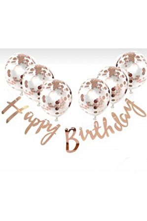 Rose Gold Konfetili Şeffaf Balon Rose Gold Happy Bırthday Kaligrafi Banner Yazı