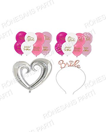 Bride Baskılı Balon Ortası Boş Gümüş Kalp Folyo ve Brıde Taç Seti
