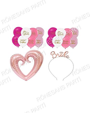 Bride Baskılı Balon Ortası Boş Rose Gold Kalp Folyo ve Brıde Taç Seti