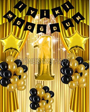Gold Renk Yıldız Folyo Banner Balon Seti 1 Yaş